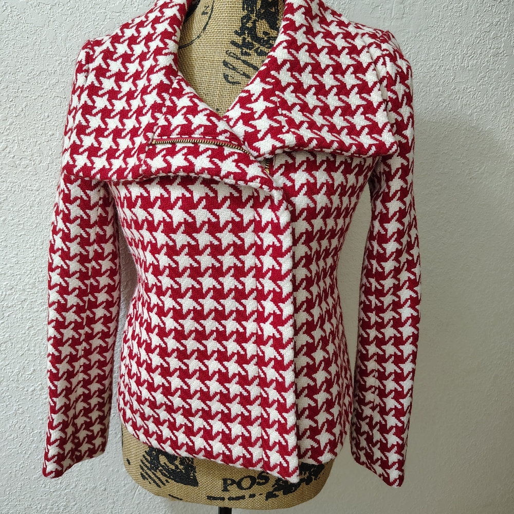 Talbots Red and White Houndstooth Blazer Jacket
